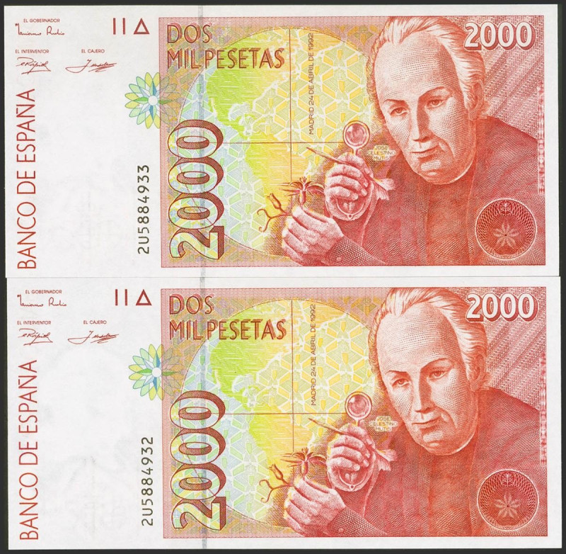 2000 Pesetas. 24 de Abril de 1992. Pareja correlativa. Serie 2U. (Edifil 2023: 4...