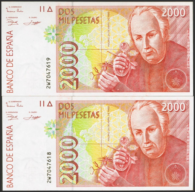 2000 Pesetas. 24 de Abril de 1992. Pareja correlativa. Serie 2W. (Edifil 2023: 4...