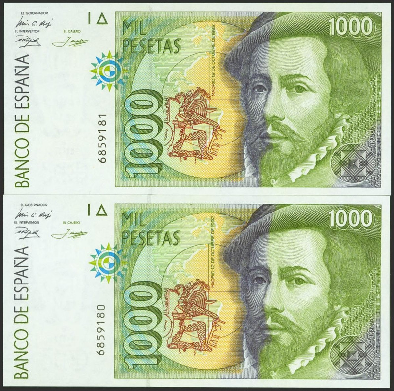 1000 Pesetas. 12 de Octubre de 1992. Pareja correlativa. Sin serie. (Edifil 2021...