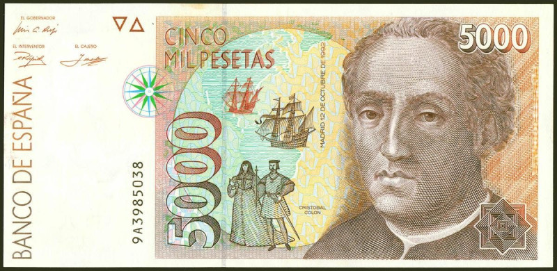 5000 Pesetas. 12 de Octubre de 1992. Serie especial 9A. (Edifil 2021: 484b). Man...