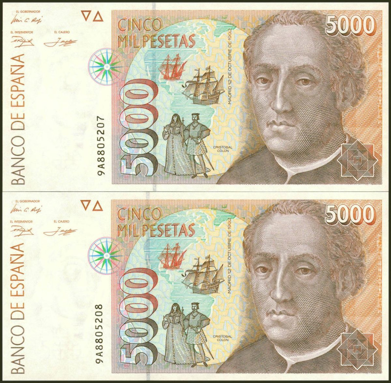 5000 Pesetas. 12 de Octubre de 1992. Pareja correlativa. Serie especial 9A. (Edi...