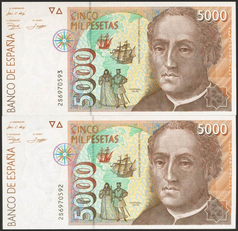 5000 Pesetas. 12 de Octubre de 1992. Pareja correlativa. Serie 2S. (Edifil 2023:...