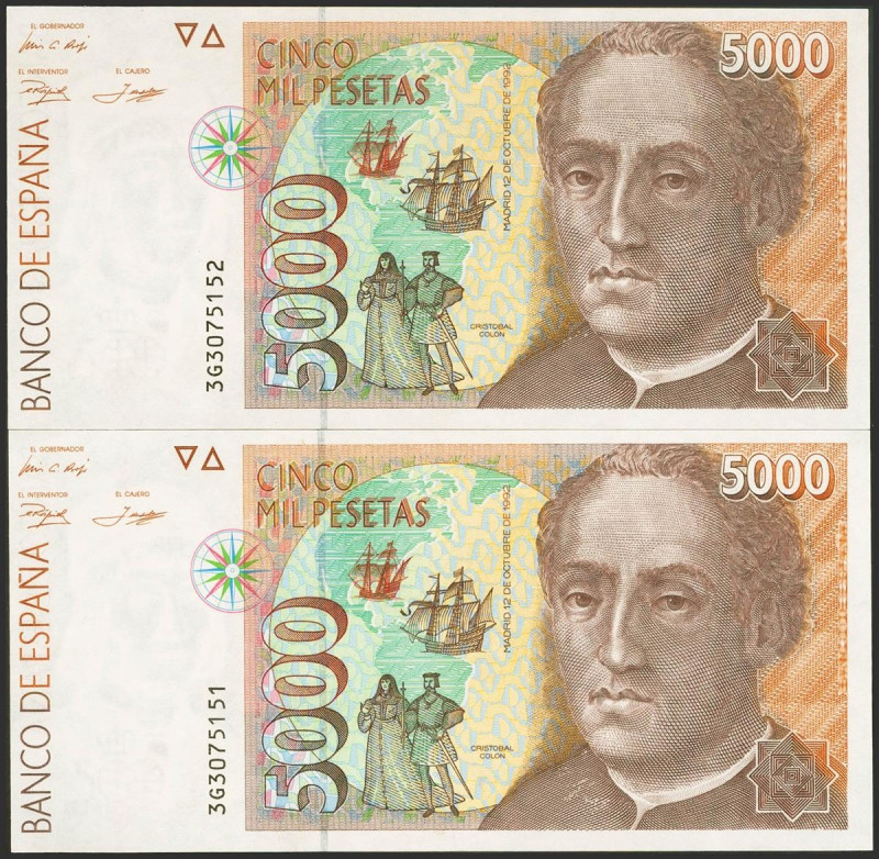 5000 Pesetas. 12 de Octubre de 1992. Pareja correlativa. Serie 3G. (Edifil 2023:...