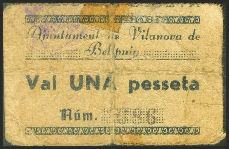 VILANOVA DE BELLPUIG (LERIDA). 1 Peseta. (1937ca). (González: 10781). Muy raro. ...