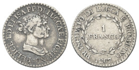 LUCCA E PIOMBINO
Felice e Elisa Baciocchi, 1805-1814.
1 Franco 1807.
Ag
gr. 4,94
Dr. Busti accollati a d.
Rv. Valore tra due rami di alloro. 
P...