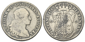 NAPOLI
Ferdinando IV (I) di Borbone, 1759-1816.
Piastra da 120 Grana 1789, sigla P, falso d’epoca.
Ag
gr. 26,50
Dr. FERDINAN IV D G SICILIAR ET H...