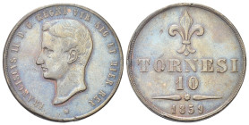 NAPOLI
Francesco II di Borbone, 1859-1860. 
10 Tornesi 1859.
Æ
gr. 30,93
Dr. Testa nuda a s.
Rv. Giglio con indicazione di valore e data.
Pannu...