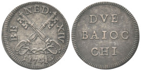 ROMA
Benedetto XIV (Prospero Lorenzo Lambertini), 1740-1758.
Due Baiocchi 1749.
Mi
gr. 1,86
Dr. BE - NED - XIV. Chiavi decussate; sotto, 1 - 74 -...