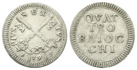 ROMA
Pio VI (Giannangelo Braschi), 1775-1799.
Muraiola da quattro Baiocchi 1793.
Mi
gr.2,15
Dr. PIVS - SEX - TVS. Chiavi decussate con impugnatur...