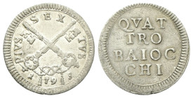 ROMA
Pio VI (Giannangelo Braschi), 1775-1799.
Muraiola da quattro Baiocchi 1793.
Mi
gr. 2,15
Dr. PIVS - SEX - TVS. Chiavi decussate con impugnatu...