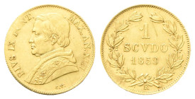ROMA
Pio IX (Giovanni Maria Mastai Ferretti), 1846-1878.
Scudo largo 1859 a. XIII.
Au
gr. 1,72
Dr. Busto a s. con zucchetto, mozzetta e stola.
R...