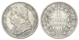 ROMA
Pio IX (Giovanni Maria Mastai Ferretti), 1846-1878.
Lira 1866 a. XXI, busto grande.
Ag
gr. 4,95
Dr. Busto a s., con zucchetto, mozzetta e st...