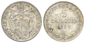 ROMA
Pio IX (Giovanni Maria Mastai Ferretti), 1846-1878.
5 Baiocchi 1861 a. XVI.
Ag
gr. 1,43
Dr. Stemma sormontato da triregno e chivi decussate....
