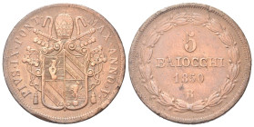 ROMA
Pio IX (Giovanni Maria Mastai Ferretti), 1846-1878.
5 Baiocchi 1850 a. V.
Æ
gr. 39,17
Dr. Stemma sormontato da triregno e chiavi decussate....