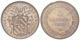 ROMA
Pio IX (Giovanni Maria Mastai Ferretti), 1846-1878.
5 Baiocchi 1853 a. VIII.
Æ
Dr. Stemma sormontato da triregno e chiavi decussate.
Rv. Val...