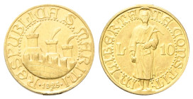 SAN MARINO
Vecchia monetazione, 1864-1938.
10 Lire 1925.
Au
gr. 3,22
Dr. REPUBBLICA S MARINO. Tre torri pennute e cinta merlata.
Rv. IN LIBERTA ...