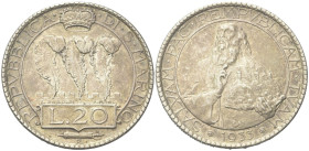 SAN MARINO
Vecchia monetazione, 1864-1938.
20 Lire 1933.
Ag
gr. 14,91
Dr. Tre penne coronate, su merlature.
Rv. Busto di San Marino con le tre t...