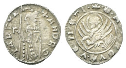 VENEZIA
Andrea Contarini Doge LX, 1368-1382.
Soldino.
Ag
gr. 0,47
Dr. ANDR Q - TAR DVX. Doge stante verso s., tiene vessillo; a d., F.
Rv. S MAR...
