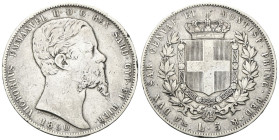 REGNO DI SARDEGNA
Vittorio Emanuele II, 1849-1861.
5 Lire 1850 Genova.
Ag
Dr. Testa del sovrano rivolta a d.
Rv. Stemma sabaudo crociato sormonta...