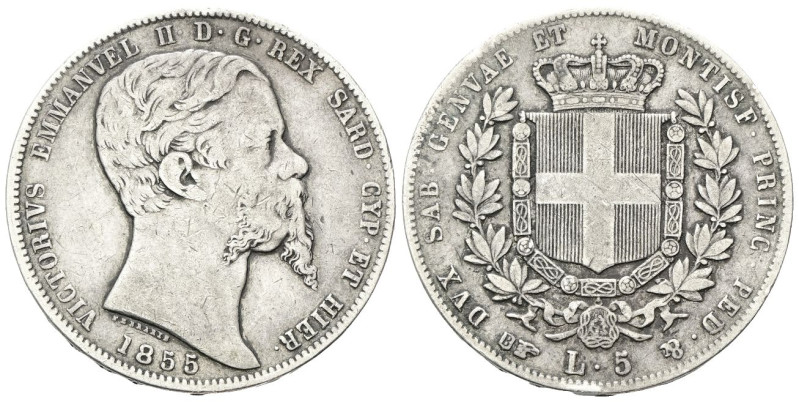 REGNO DI SARDEGNA
Vittorio Emanuele II, 1849-1861.
5 Lire 1855 Torino.
Ag
Dr...