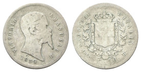 RE ELETTO
Vittorio Emanuele II, 1859-1861.
50 Centesimi 1859 Bologna, I° Tipo.
Ag
Dr. Testa del sovrano a d.
Rv. Stemma sabaudo crociato sormonta...