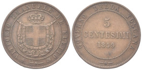 RE ELETTO
Vittorio Emanuele II, 1859-1861.
5 Centesimi 1859 Birmingham, II° Tipo.
Cu
Dr. Stemma sabaudo crociato sormontato da corona paludata da ...