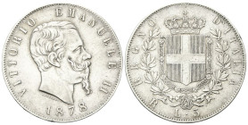 REGNO D’ITALIA
Vittorio Emanuele II, 1861-1878.
5 Lire 1878 Roma.
Ag
Dr. Testa del sovrano rivolta a d.
Rv. Stemma sabaudo crociato sormontato da...