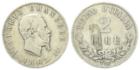 REGNO D’ITALIA
Vittorio Emanuele II, 1861-1878.
2 Lire 1863 Torino, II° Tipo.
Ag
Dr. Testa del sovrano rivolta a d.
Rv. Valore su due righe tra d...