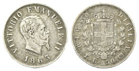 REGNO D’ITALIA
Vittorio Emanuele II, 1861-1878.
50 Centesimi 1863 Torino, I° Tipo.
Ag
Dr. Testa del sorvano rivolta a d.
Rv. Stemma sabaudo croci...