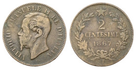 REGNO D’ITALIA
Vittorio Emanuele II, 1861-1878.
2 Centesimi 1867 Torino.
Cu
Dr. Testa del sovrano rivolta a s.
Rv. Valore e data su tre righe cir...