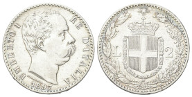 REGNO D’ITALIA
Umberto I, 1878-1900.
2 Lire 1897 Roma, II° Tipo.
Ag
Dr. Testa del sovrano rivolta a d.
Rv. Stemma sabaudo crociato sormontato da ...