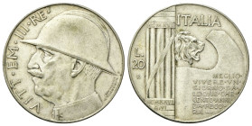 REGNO D’ITALIA
Vittorio Emanuele III, 1900-1943.
20 Lire 1928 a. VI Roma, Elmetto.
Ag
Dr. Semibusto del sovrano in uniforme, con testa coperta da ...