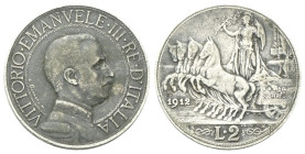 REGNO D’ITALIA
Vittorio Emanuele III, 1900-1943.
2 Lire 1912 Roma, Quadriga veloce.
Ag
Dr. Semibusto del sovrano in uniforme con il collare a test...