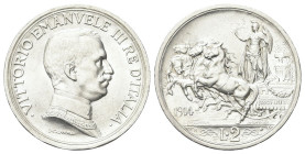 REGNO D’ITALIA
Vittorio Emanuele III, 1900-1943.
2 Lire 1914 Roma, Quadriga briosa.
Ag
Dr. Semibusto del sovrano in uniforme con il collare, a tes...