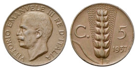 REGNO D’ITALIA
Vittorio Emanuele III, 1900-1943.
5 Centesimi 1937 Roma, Spiga.Asta 6 Online
Cu
Dr. Testa scoperta del sovrano rivolta a s.
Rv. Sp...