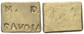 SAVOIA
Senza indicazione di autorità emittente.
Peso monetale rettangolare della mezza Doppia di Vittorio Amedeo III, 1773-1796.
Æ
gr. 4,56 mm 14,...