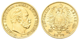 GERMANIA
Prussia. Wilhelm I, 1861-1888.
20 Mark 1873 A.
Au
gr. 7,92
Dr. Testa nuda a d.
Rv. Stemma caricato su aquila coronata ad ali spiegate....