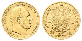 GERMANIA
Prussia. Wilhelm I, 1861-1888.
10 Mark 1873 B.
Au
gr. 3,93
Dr. Testa nuda a d.
Rv. Stemma caricato su aquila coronata ad ali spiegate....
