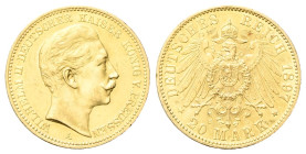 GERMANIA
Prussia. Wilhelm II, 1888-1918.
20 Mark 1897
Au
gr. 7,94
Dr. Testa nuda a d.
Rv. Stemma caricato su aquila coronata ad ali spiegate.
K...