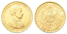 GERMANIA
Wilhelm II, 1888-1918.
20 Mark 1913 A, zecca di Berlino.
Au
gr. 7,96
Dr. Busto a d., in uniforme.
Rv. Stemma caricato su aquila coronat...