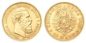 GERMANIA
Prussia. Friedrich III, 1888. 
10 Mark 1888 A.
Au
gr. 3,98
Dr. Testa nuda a d. 
Rv. Stemma caricato su aquila coronata ad ali spiegate....