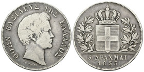GRECIA
Otto I, 1832-1862.
5 Dracme 1833.
Ag
gr. 22,25
Dr. Testa nuda a d.
Rv. Stemma coronato tra due rami di alloro.
KM#20.
Raro.
q. BB/BB