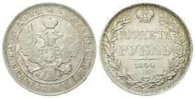RUSSIA
Nicola I Imperatore, 1825-1855.
Rublo 1844 MW, zecca di Varsavia.
Ag
gr. 20,83
Dr. Aquila imperiale.
Rv. Valore e scritta entro corona d’...