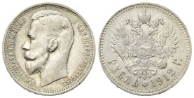 RUSSIA
Nicola II, 1894-1917.
Rublo 1912.
Ag
gr. 19,91
Dr. Testa nuda a s.
Rv. Aquila bicipite coronata con San Giorgio in scudo.
Y#59.3; Bit. 6...