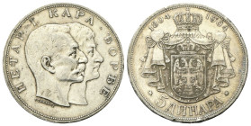 SERBIA
Pietro I, 1903-1918.
5 Dinara 1904, zecca di Vienna.
Ag
gr. 24,94
Dr. Teste affiancate a d. 
Rv. Stemma coronato.
KM#27; Dav. 305.
Colp...