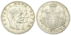 SERBIA
Pietro I, 1903-1918.
5 Dinara 1904, zecca di Vienna.
Ag
gr. 24,87
Dr. Teste affiancate a d. 
Rv. Stemma coronato.
KM#27; Dav. 305.
BB