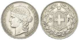 SVIZZERA
Confederazione Elvetica, dal 1848.
5 Franchi 1909 B.
Ag
gr. 24,96
Dr. Testa muliebre laureata a s.
Rv. Stemma con Croce svizzera; ai la...