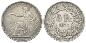 SVIZZERA
Confederazione Elvetica, dal 1848.
5 Franchi 1874.
Ag
gr. 24,79 
Dr. L’Elvezia seduta verso s.
Rv. Valore e data entro corona.
KM#11....
