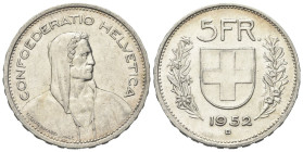 SVIZZERA
Confederazione Elvetica, dal 1848.
5 Franchi 1952, Berna.
Ag
gr. 14,95
Dr. CONFOEDERATIO HELVETICA. Profilo maschile (Guglielmo Tell ?) ...