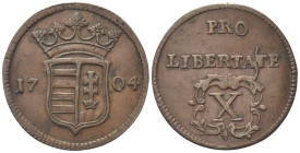 UNGHERIA
Rivolta durante Franz Rakoczy (Principe di Transilvania), 1703-1711.
10 Poltura 1704.
Æ
gr. 8,22
Dr. Stemma coronato; ai lati, 17 - 04....